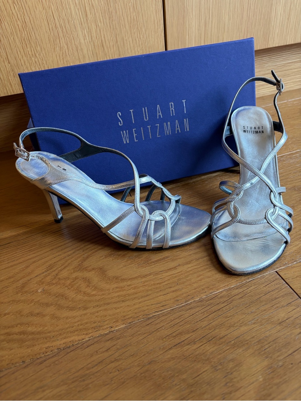 Stuart Weitzman Metallic Silver Strappy Slingback Heels